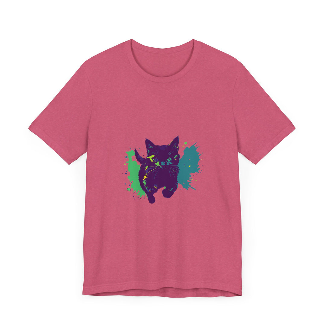 Eye-catching Black Cat Mystery T-shirt with vivid and dynamic color splash print