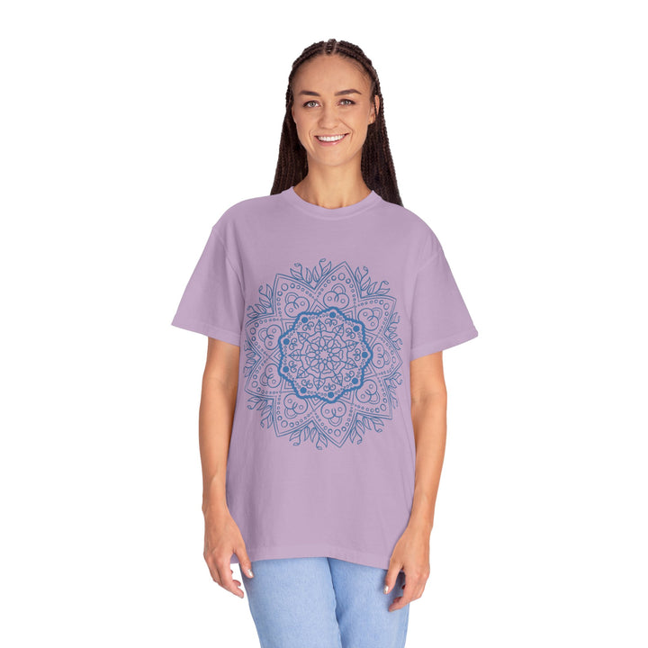 Handmade Mandala Art Tshirt - Unisex Garment-Dyed Tee featuring intricate mandala design on high-quality, handcrafted garment-dyed cotton tee