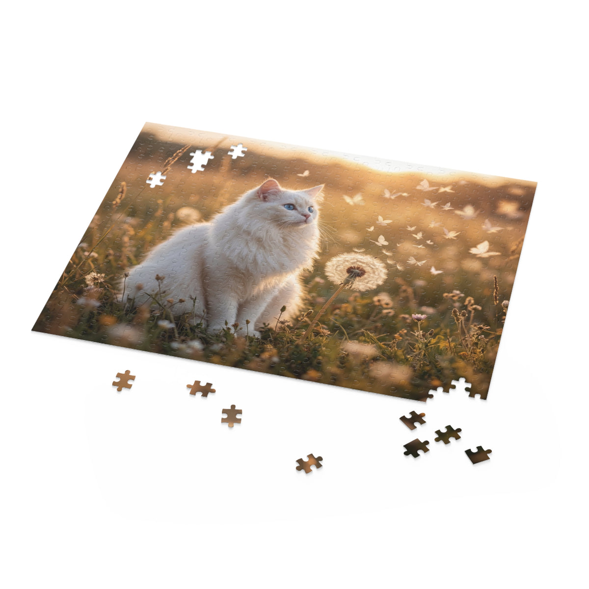 Cat in Dandelions Jigsaw Puzzle — White Kitten in Golden Field (120/252/500 pcs)