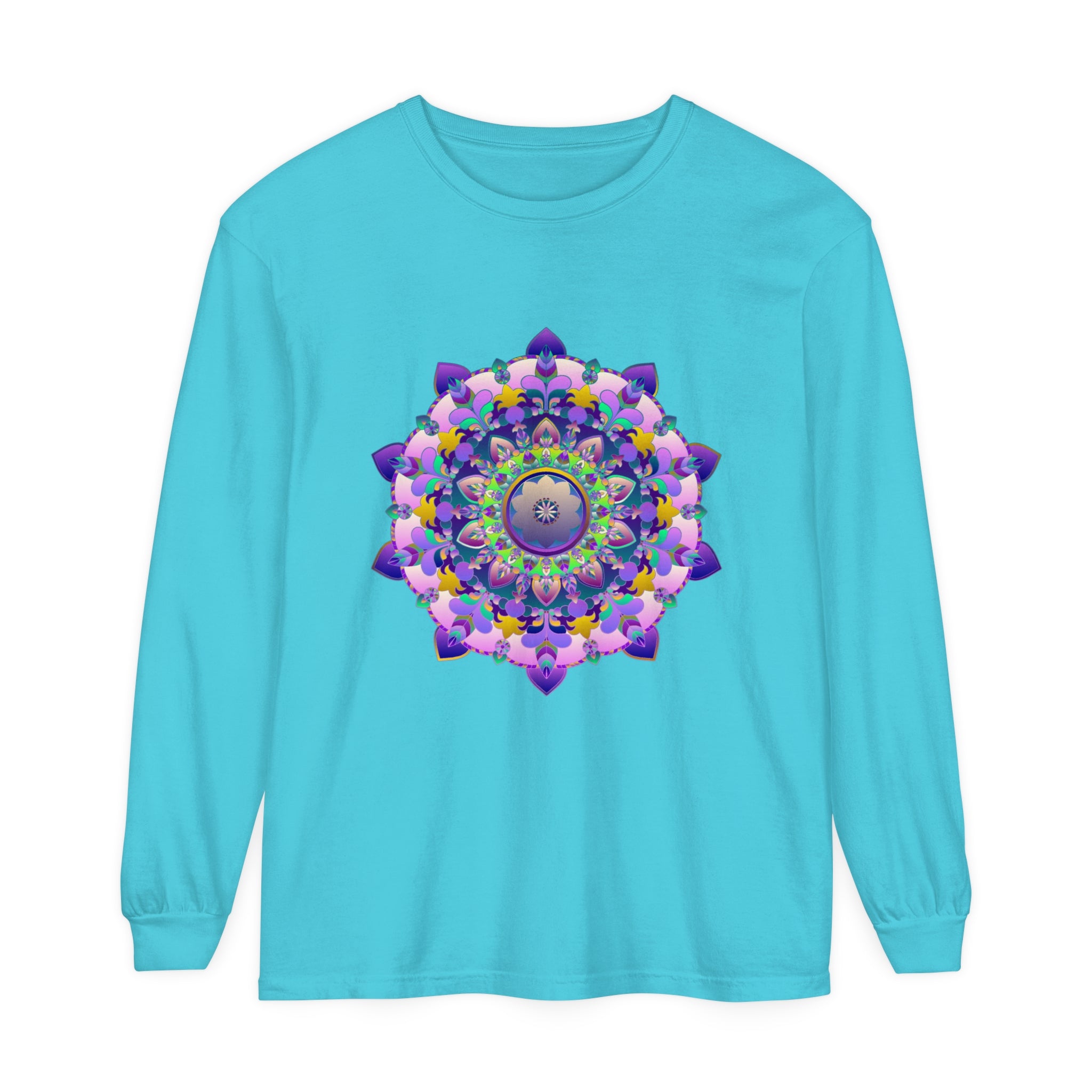 Vibrant Mandala Unisex Long Sleeve T-Shirt featuring intricate, colorful mandala design