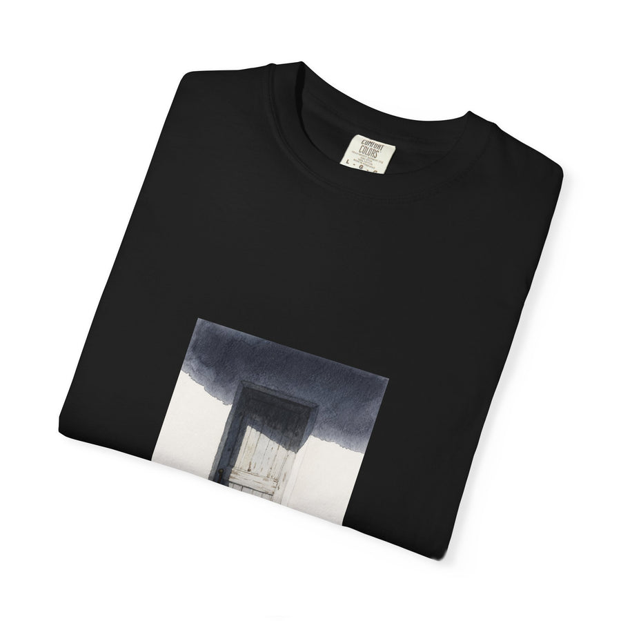 T-Shirt — Minimal Art Cat at Door Graphic Tee