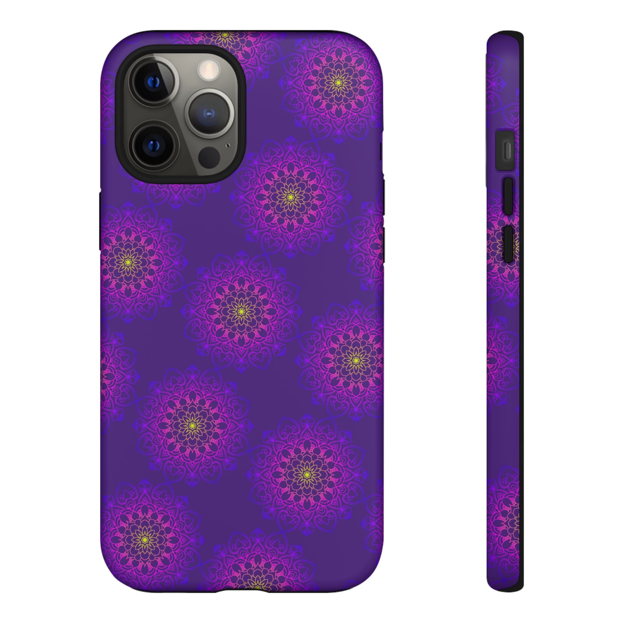 Custodia per iPhone con motivo floreale viola intricato e audace motivo mandala