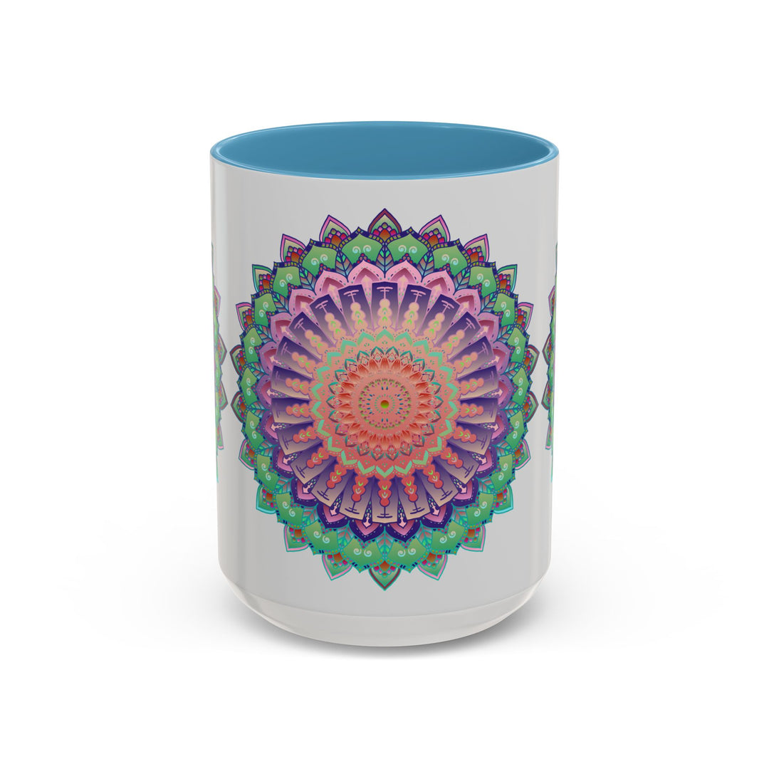 A vibrant and intricately designed mandala art mug featuring colorful floral patterns