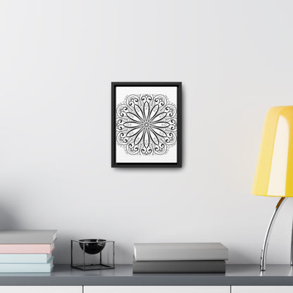 Handcrafted black and white mandala wall art on gallery canvas wraps, displayed in a vertical frame