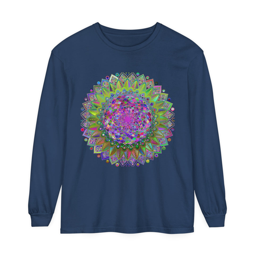 Colorful and intricate mandala design on a unisex long sleeve t-shirt