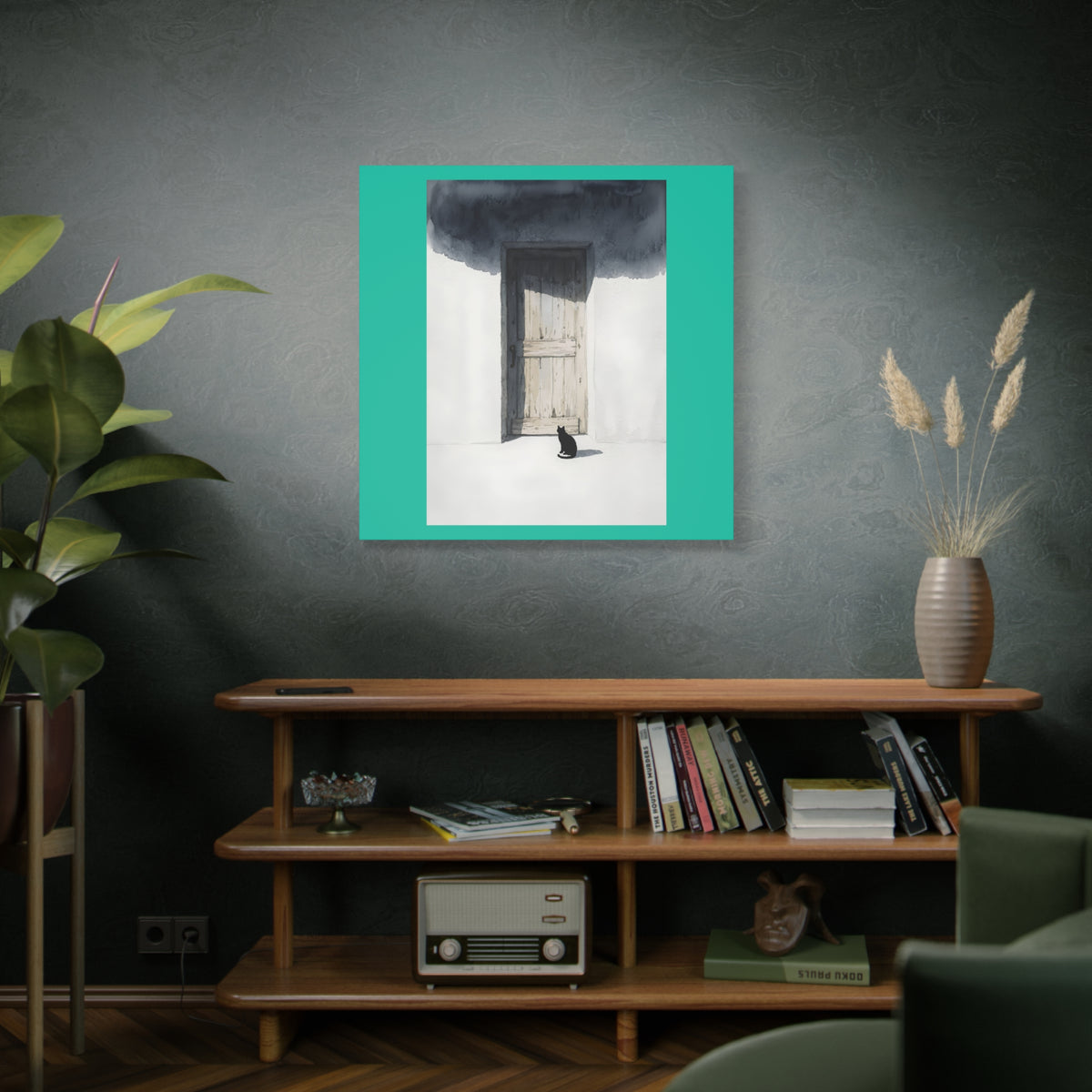 Cat at the Door Matte Canvas Wall Art — Moody Minimalist Cat Illustration