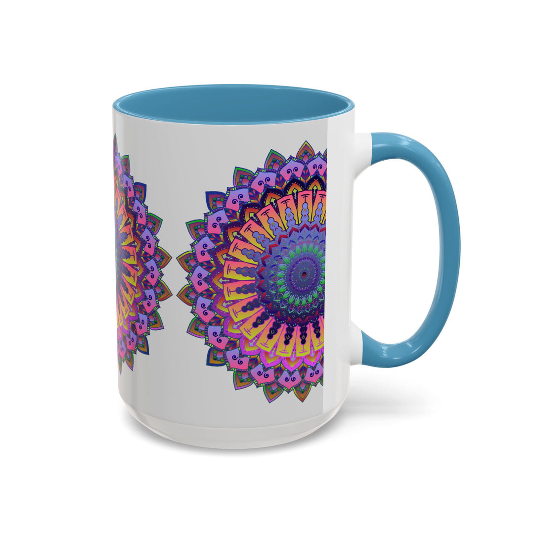 Beautiful mandala design with vibrant colors on a grey ceramic mug