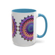 Beautiful mandala design with vibrant colors on a grey ceramic mug
