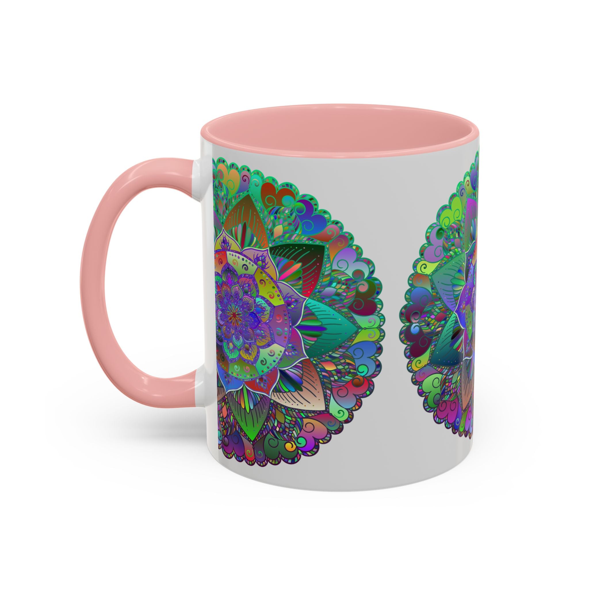 Beautifully handcrafted ceramic mug with a vibrant mandala design in a variety of colors and intricate patterns