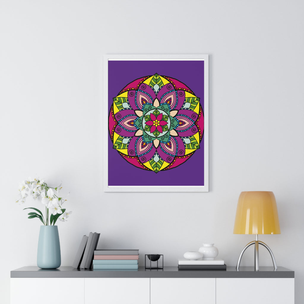 Intricate hand-drawn purple mandala art on a vertical framed poster