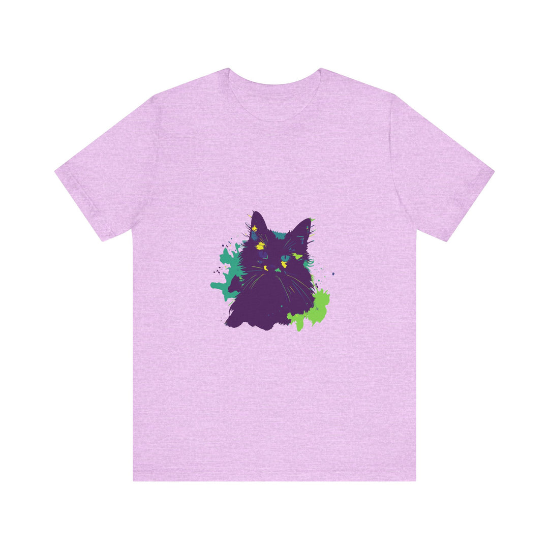 Vibrant purple t-shirt with abstract cat design, perfect for adding a pop of color and personality to your wardrobe