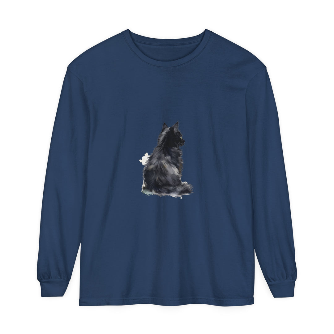 A detailed watercolor painting of a black and white cat on a long sleeve t-shirt