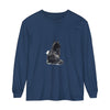 A detailed watercolor painting of a black and white cat on a long sleeve t-shirt