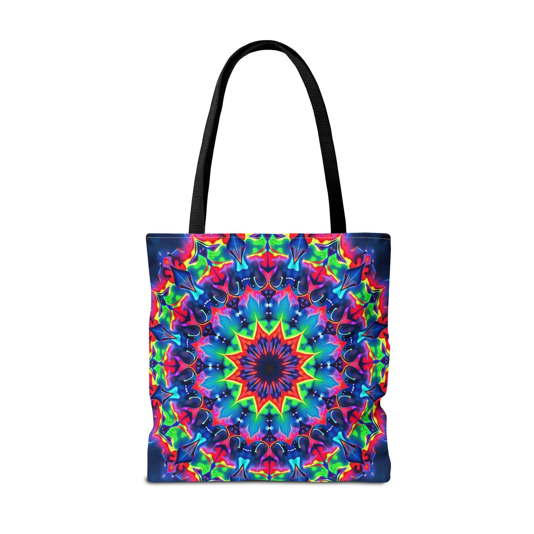 Colorful, round, and intricate Psychedelic Mandala Tote Bag with vibrant patterns