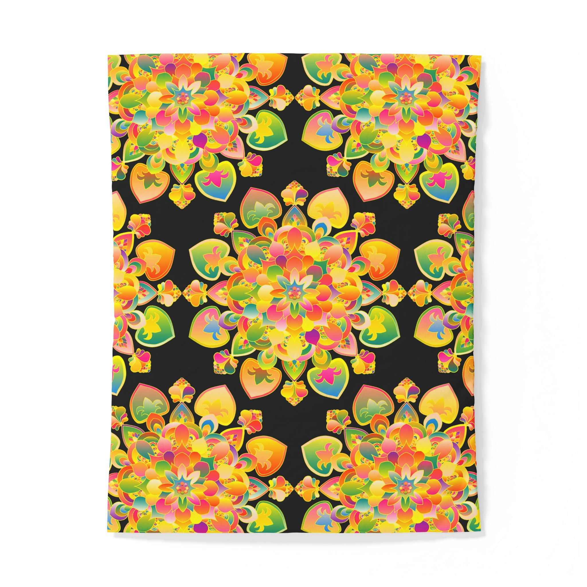 Copripiumino in cotone con motivo mandala floreale boho — Cuori arcobaleno vivaci su nero