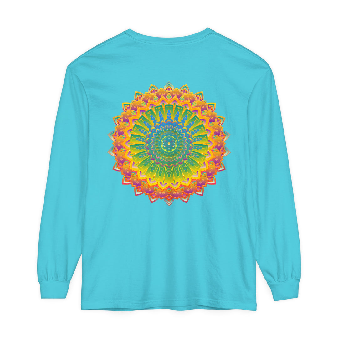 A detailed and colorful mandala design adorns this unisex long sleeve t-shirt