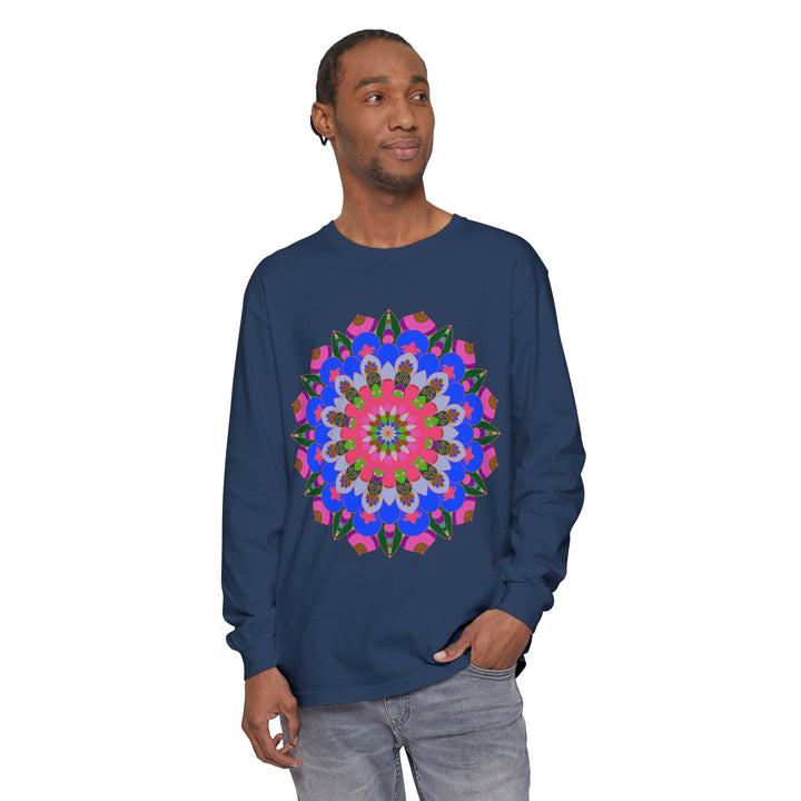 Bohemian-inspired long sleeve t-shirt with a colorful and detailed mandala print