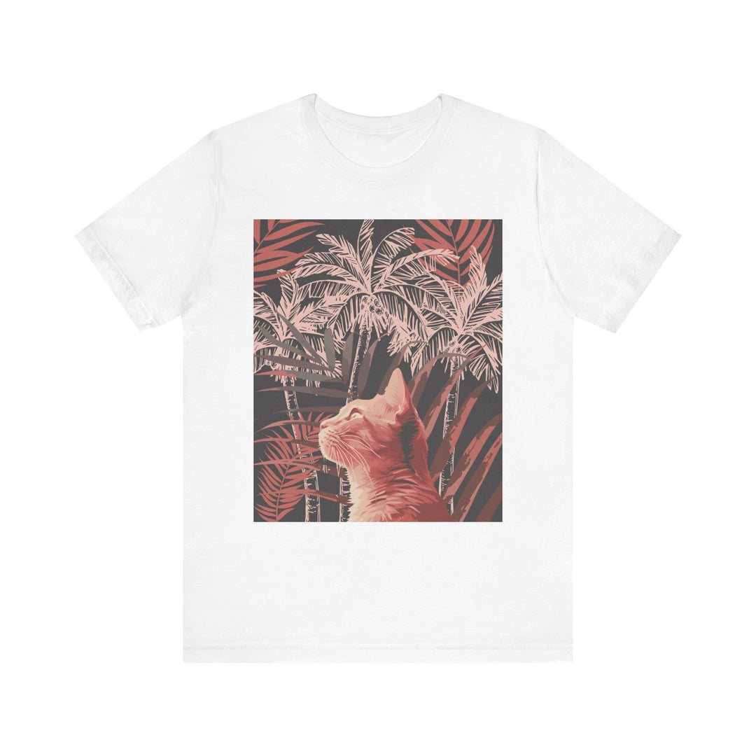 Adorable ginger cat lounging under a palm tree on a graphic t-shirt