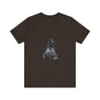A close-up image of a black cat with glowing green eyes, printed on a soft, comfortable t-shirt with the words Mystical Black Cat T-Shirt in elegant script