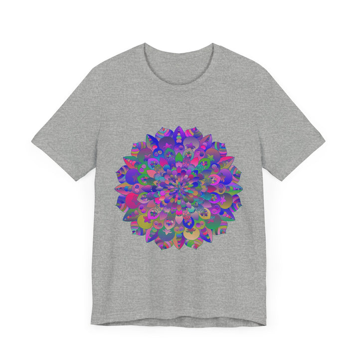 Vibrant mandala t-shirt featuring intricate spiritual art design in various shades of blue, purple, and green