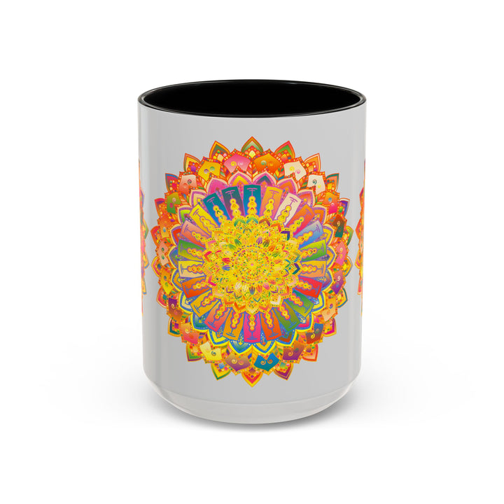 Colorful mandala pattern printed on a grey coffee mug