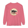 A watercolor illustration of a cute sleeping cat in a bowl featured on a long sleeve t-shirt