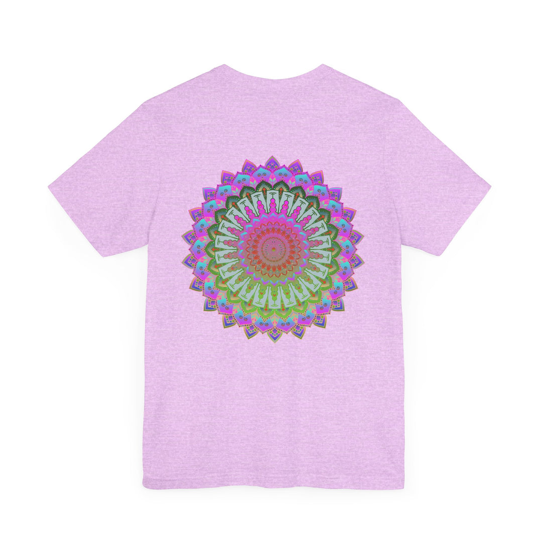 A colorful and intricate mandala design on a t-shirt representing spiritual peace and harmony