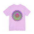 A colorful and intricate mandala design on a t-shirt representing spiritual peace and harmony