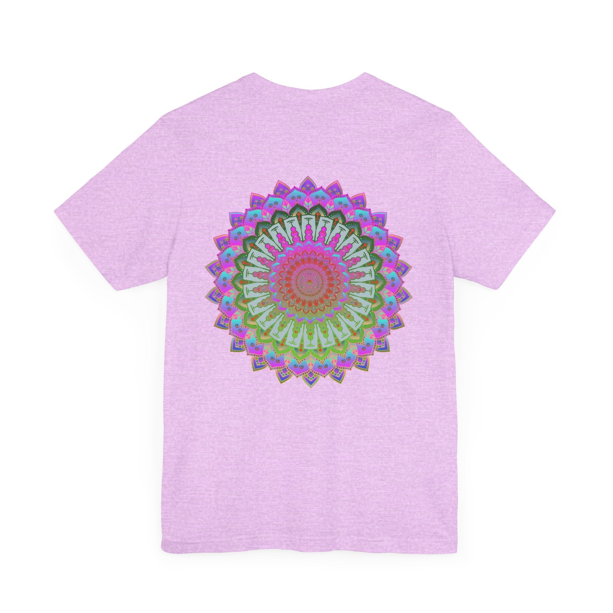 A colorful and intricate mandala design on a t-shirt representing spiritual peace and harmony