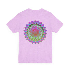 A colorful and intricate mandala design on a t-shirt representing spiritual peace and harmony