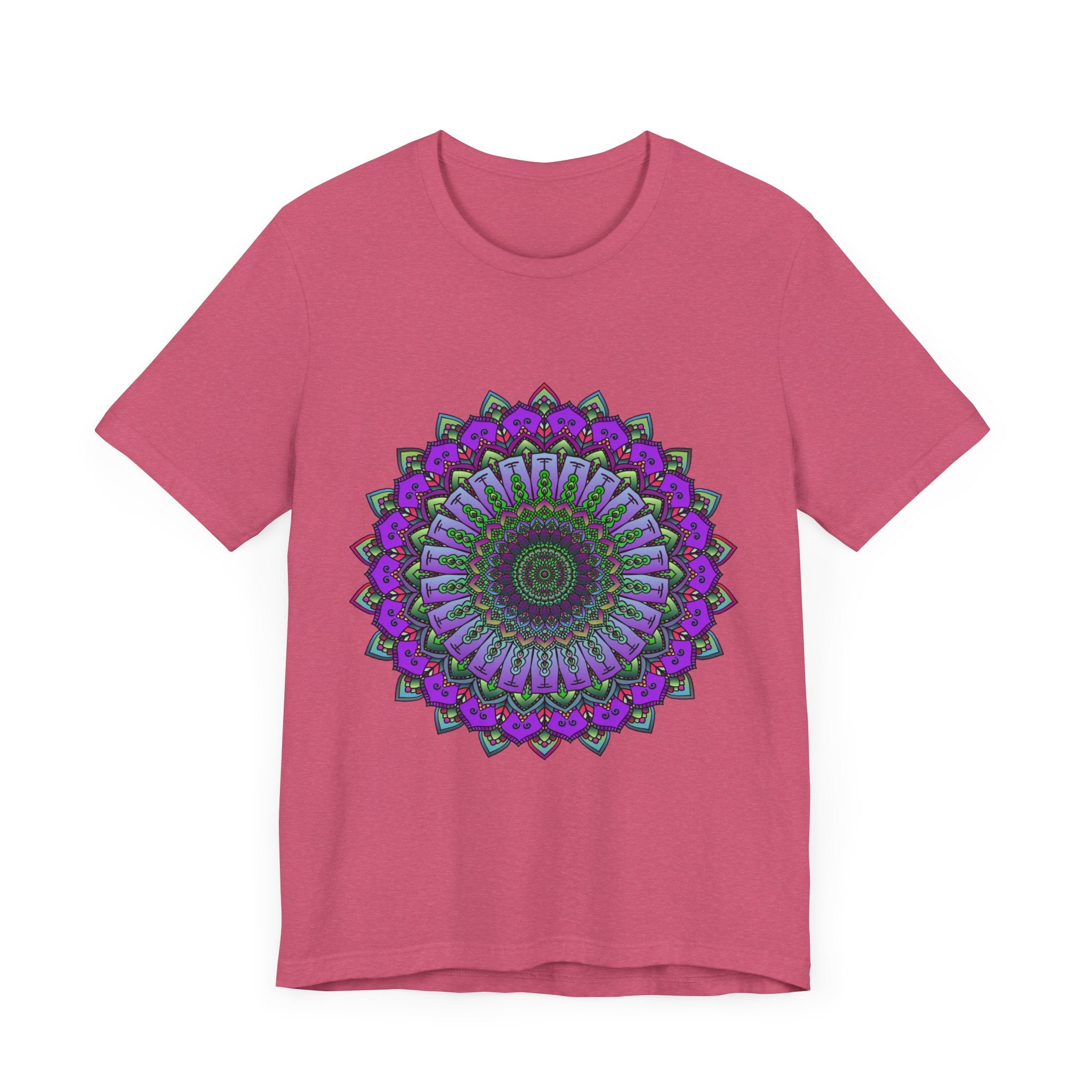 Beautiful purple and green mandala tee with intricate design and detailed patterns