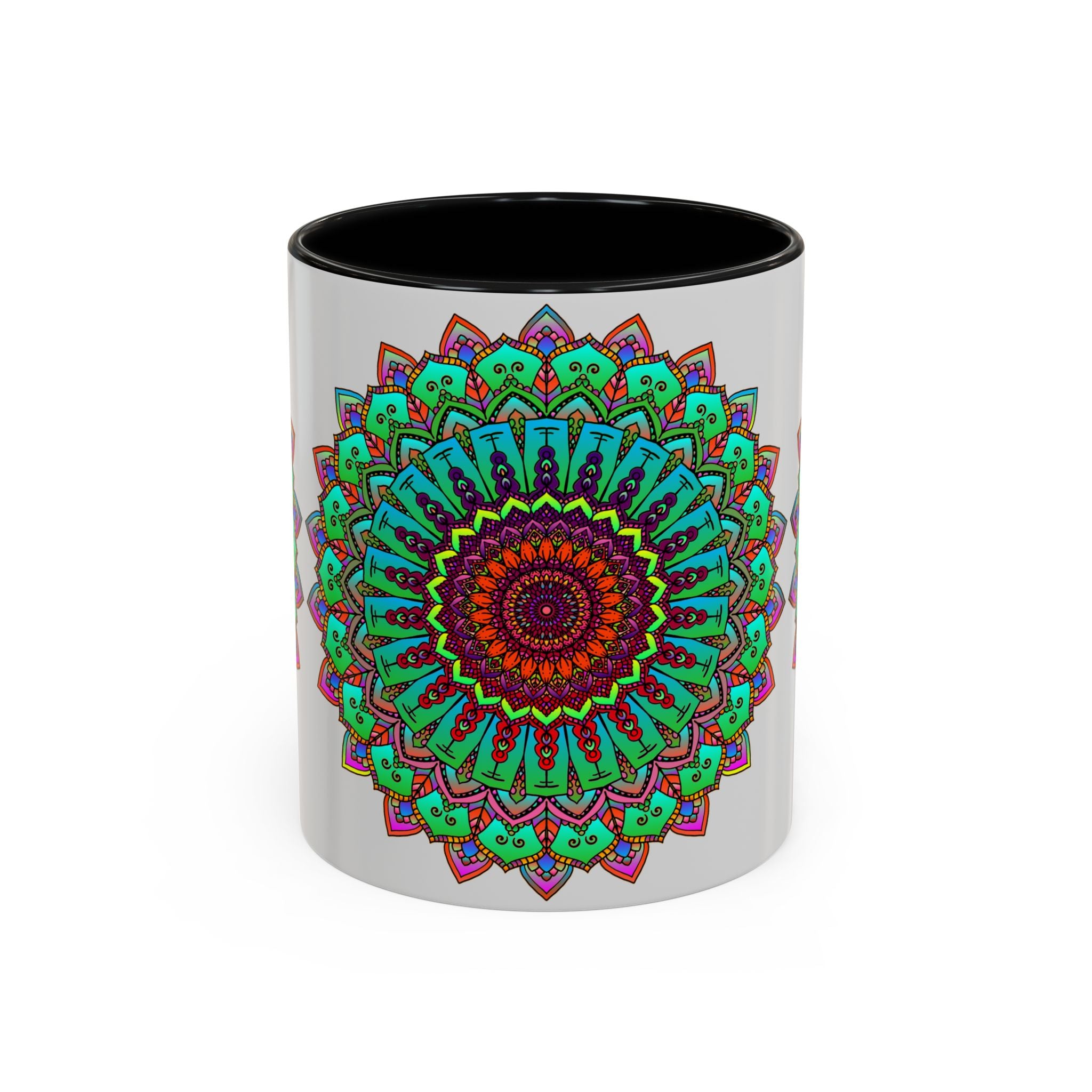 Beautiful light grey and colorful mandala art mug perfect for enjoying your favorite hot beverages