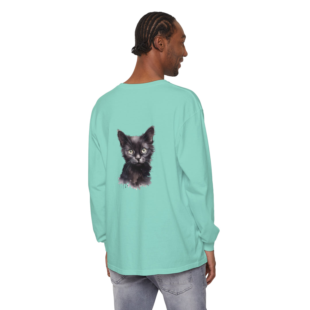 Long sleeve black cat watercolor t-shirt with vibrant, artistic design