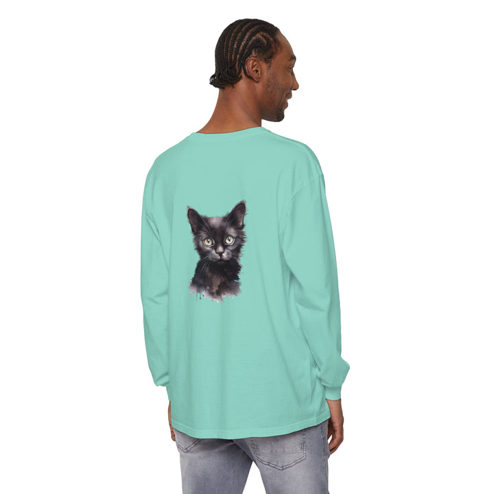 Long sleeve black cat watercolor t-shirt with vibrant, artistic design