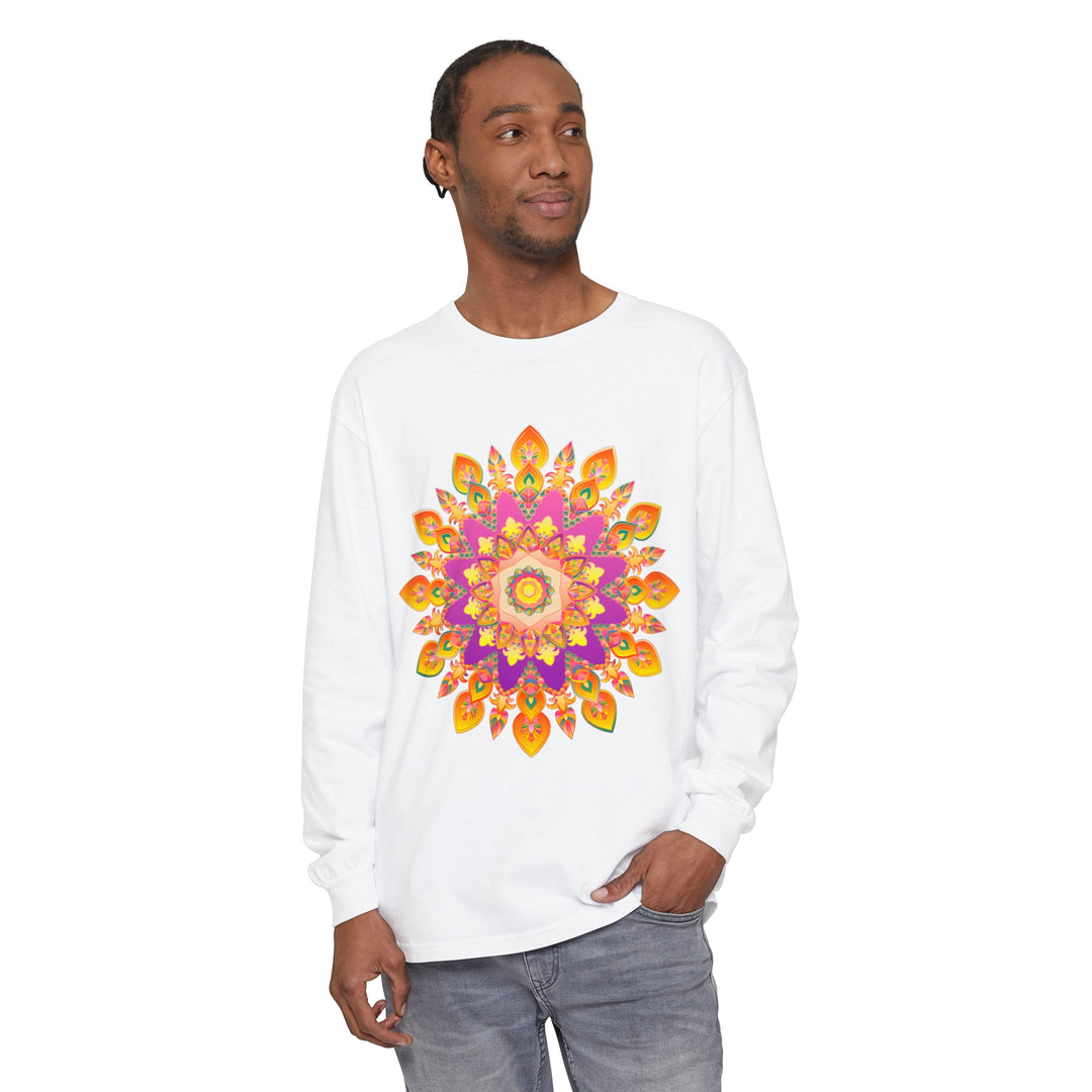 Colorful and intricate mandala design printed on a unisex, long sleeve T-shirt