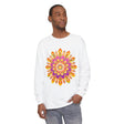 Colorful and intricate mandala design printed on a unisex, long sleeve T-shirt