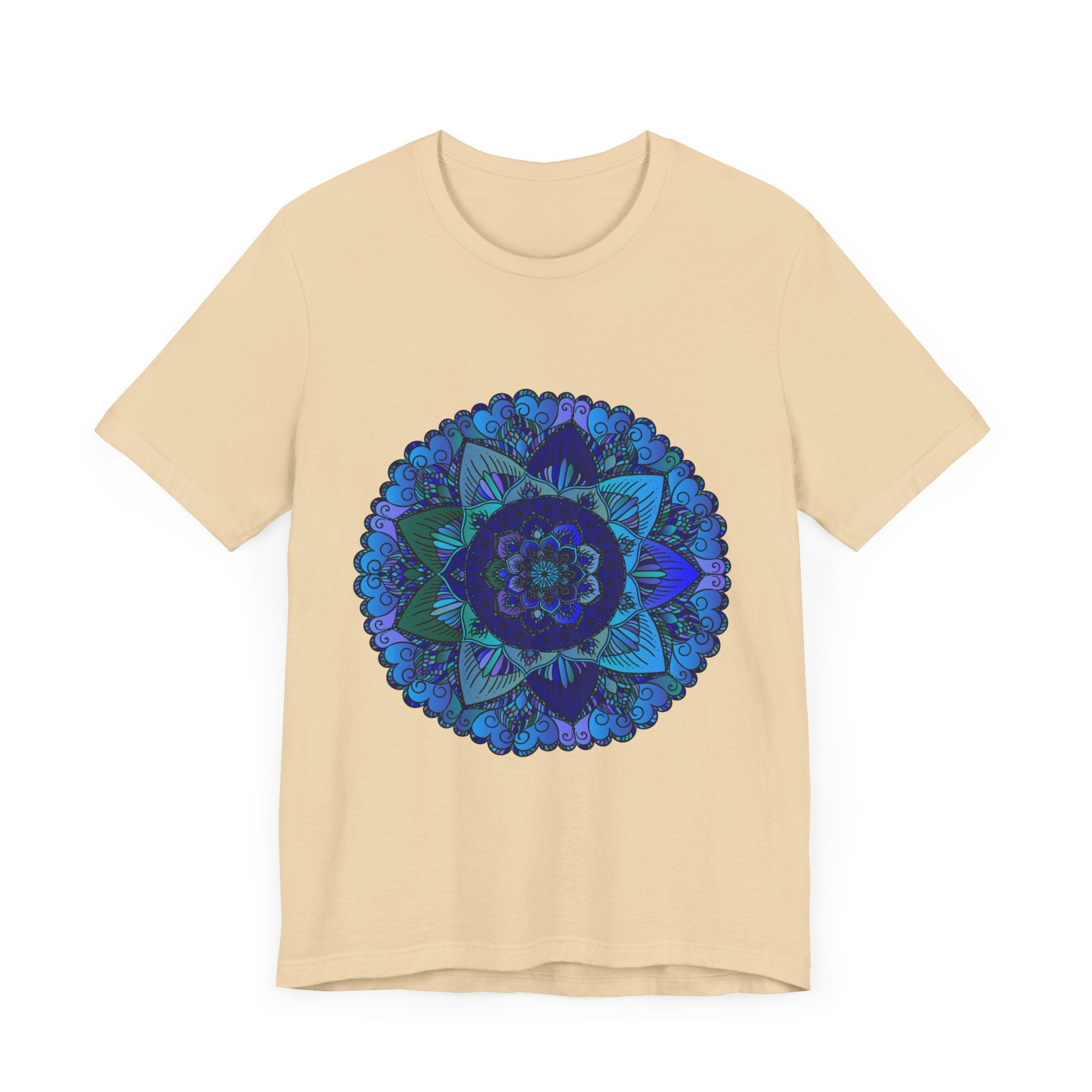 Dark blue and green mandala t-shirt depicting spiritual art and intricate designs