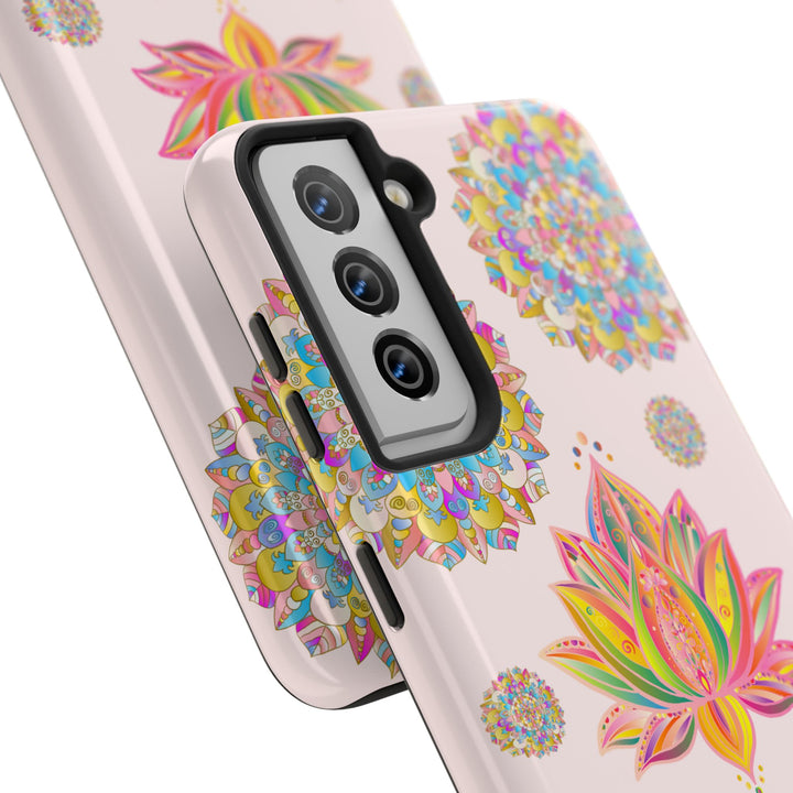 Beautiful light pink phone case with intricate lotus flower mandala design