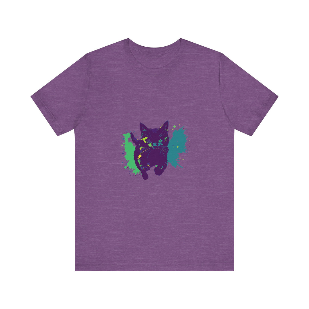 Black Cat Mystery T-shirt with vibrant and colorful splash design on black background