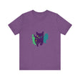 Black Cat Mystery T-shirt with vibrant and colorful splash design on black background