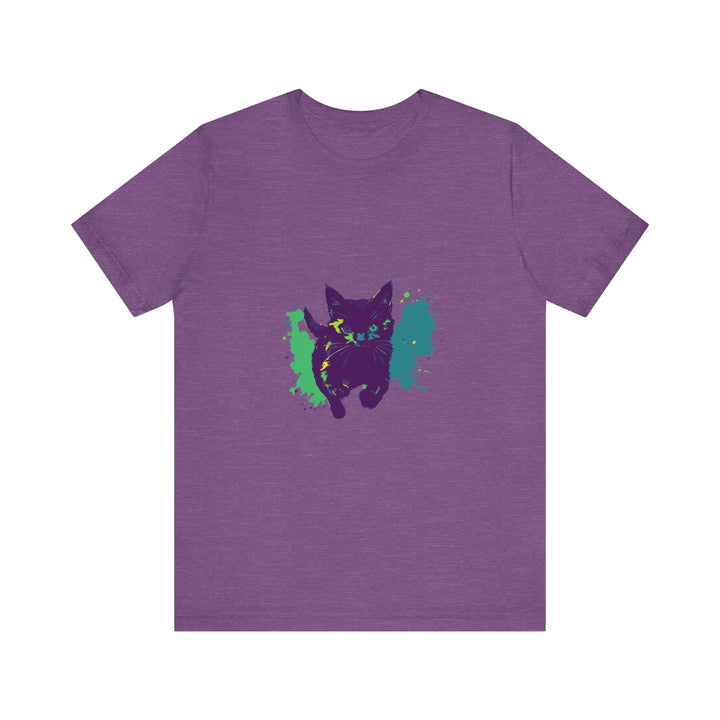 Black Cat Mystery T-shirt with vibrant and colorful splash design on black background