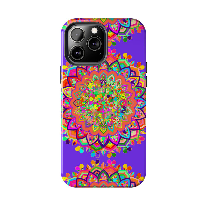 A close-up image of a hand-drawn purple mandala art phone case