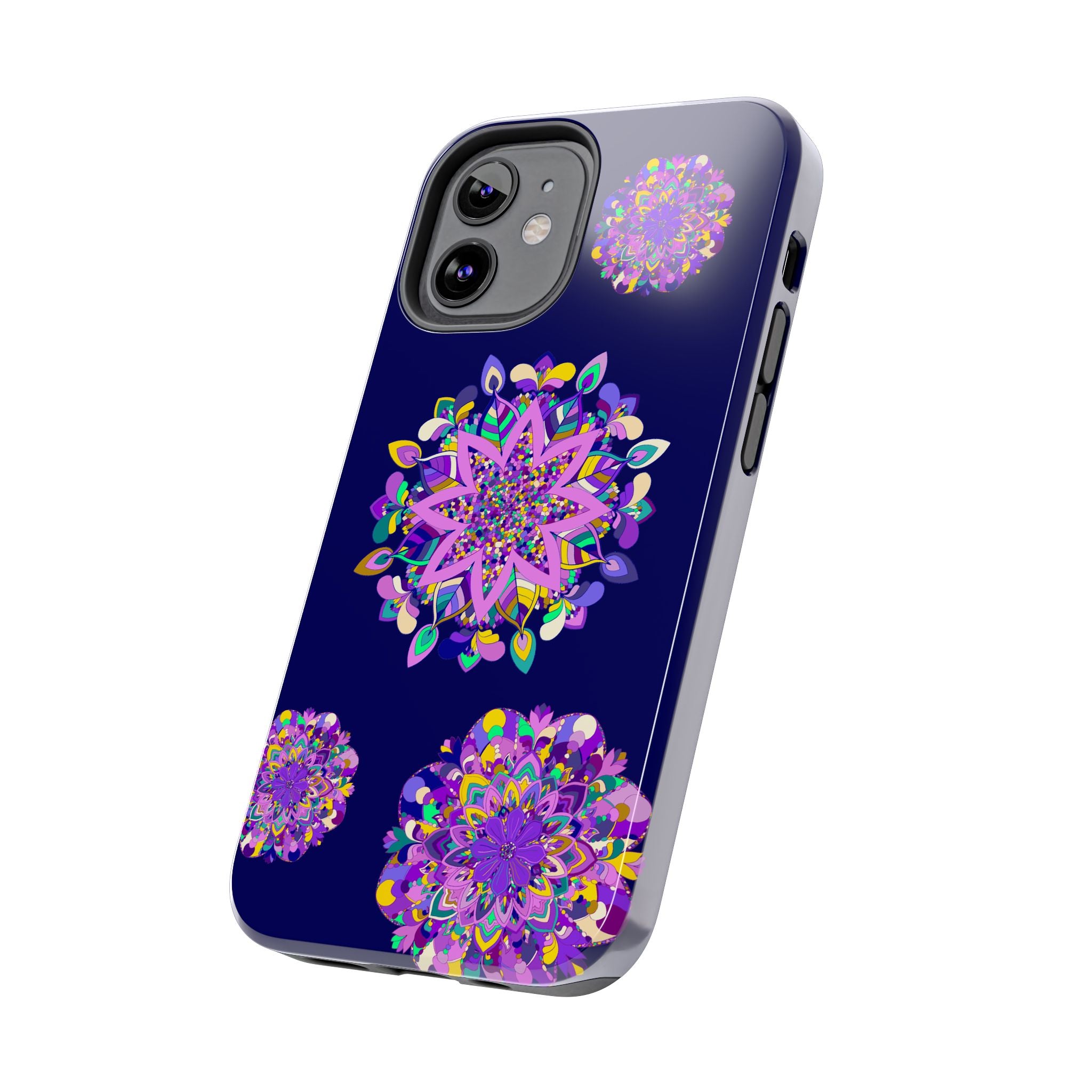 A visually stunning hand drawn mandala art phone case in shades of purple, designed to be durable and shock absorbent