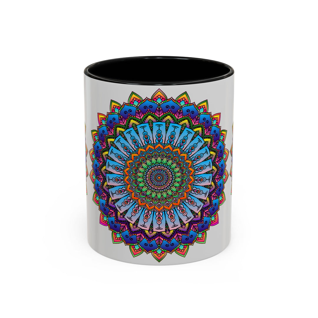 Beautiful and vibrant mandala design in various colors on a grey ceramic mug