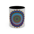 Beautiful and vibrant mandala design in various colors on a grey ceramic mug