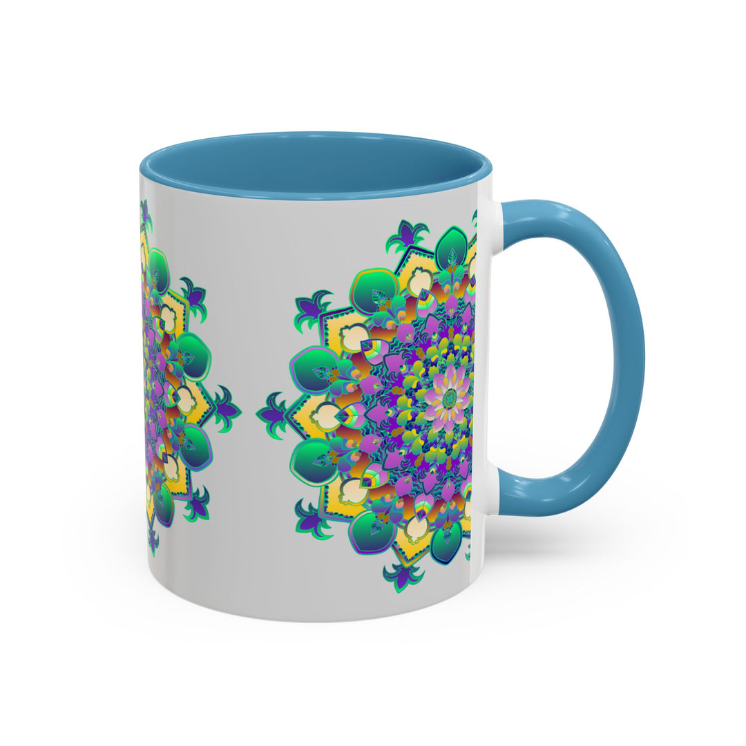 Beautiful light grey mug featuring a vibrant mandala art design