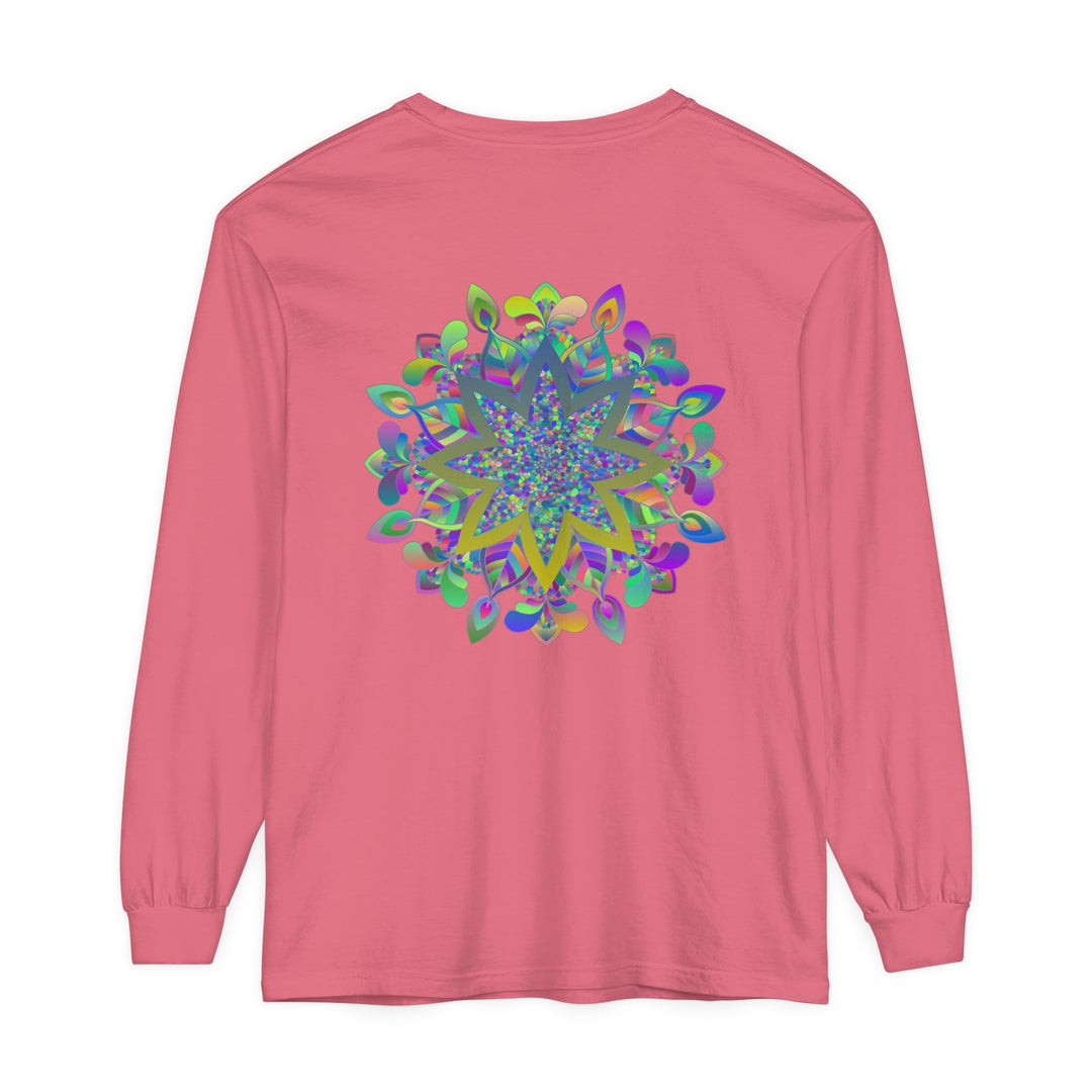 A vibrant and intricate mandala design adorns this unisex long sleeve t-shirt