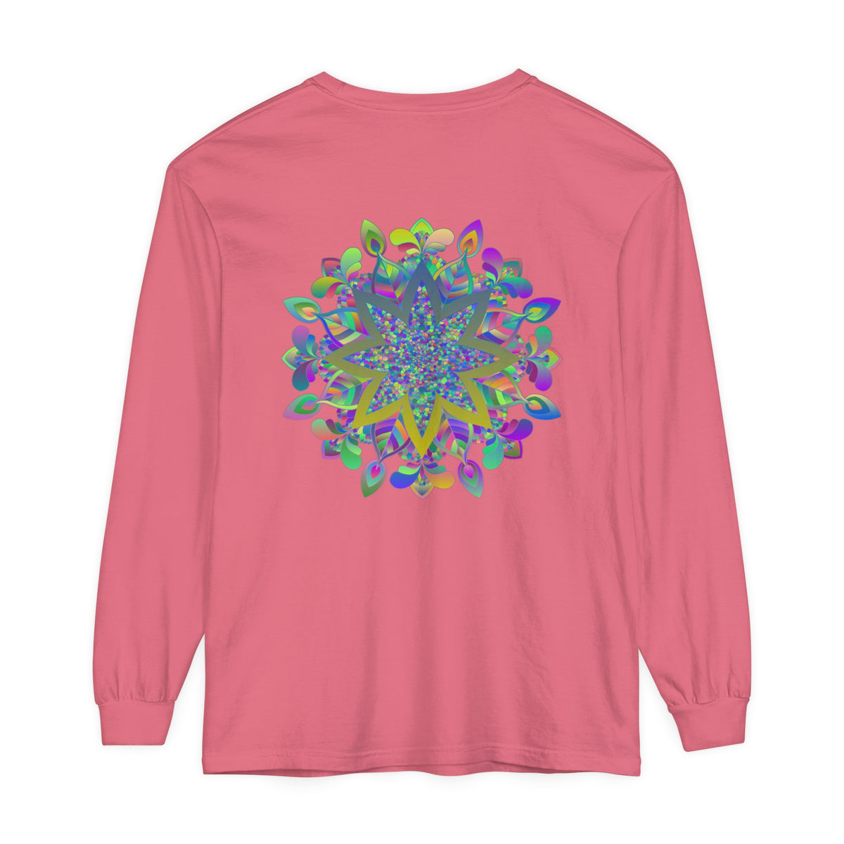 A vibrant and intricate mandala design adorns this unisex long sleeve t-shirt