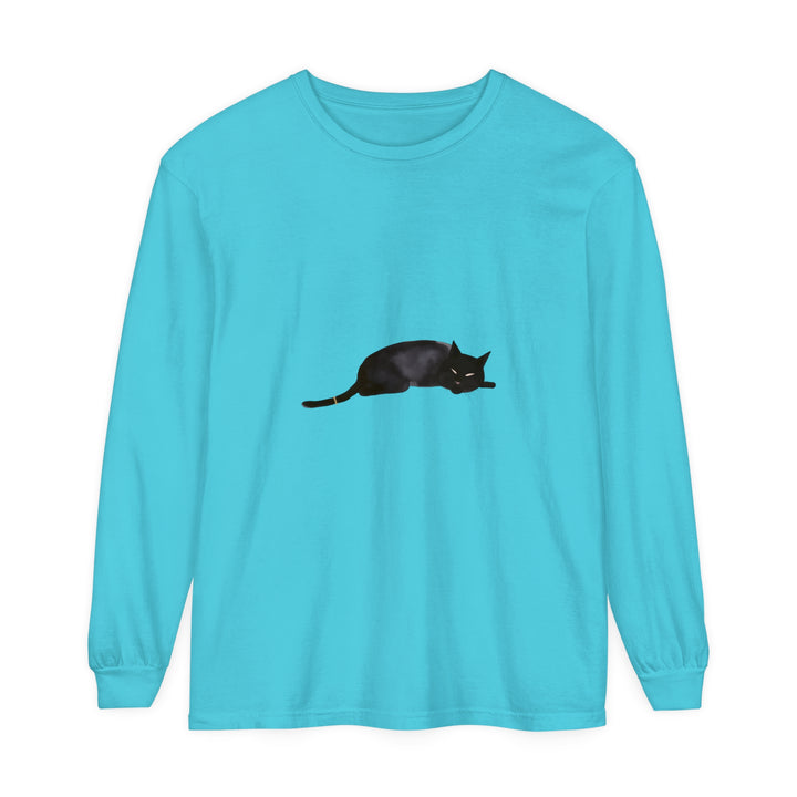 A cozy and stylish unisex long sleeve t-shirt featuring a sleeping black cat design