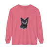 Black Cat Watercolor Long Sleeve T-Shirt featuring a realistic watercolor design of a black cat against a vibrant background